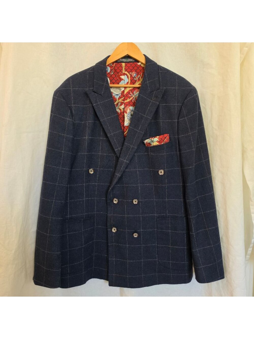 Paisley & Gray 46R Slim Fit Double Breasted Wool Blend Sport Coat Navy Windowpan